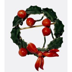 Vintage Sandor Enamel Holly Wreath Brooch Pin